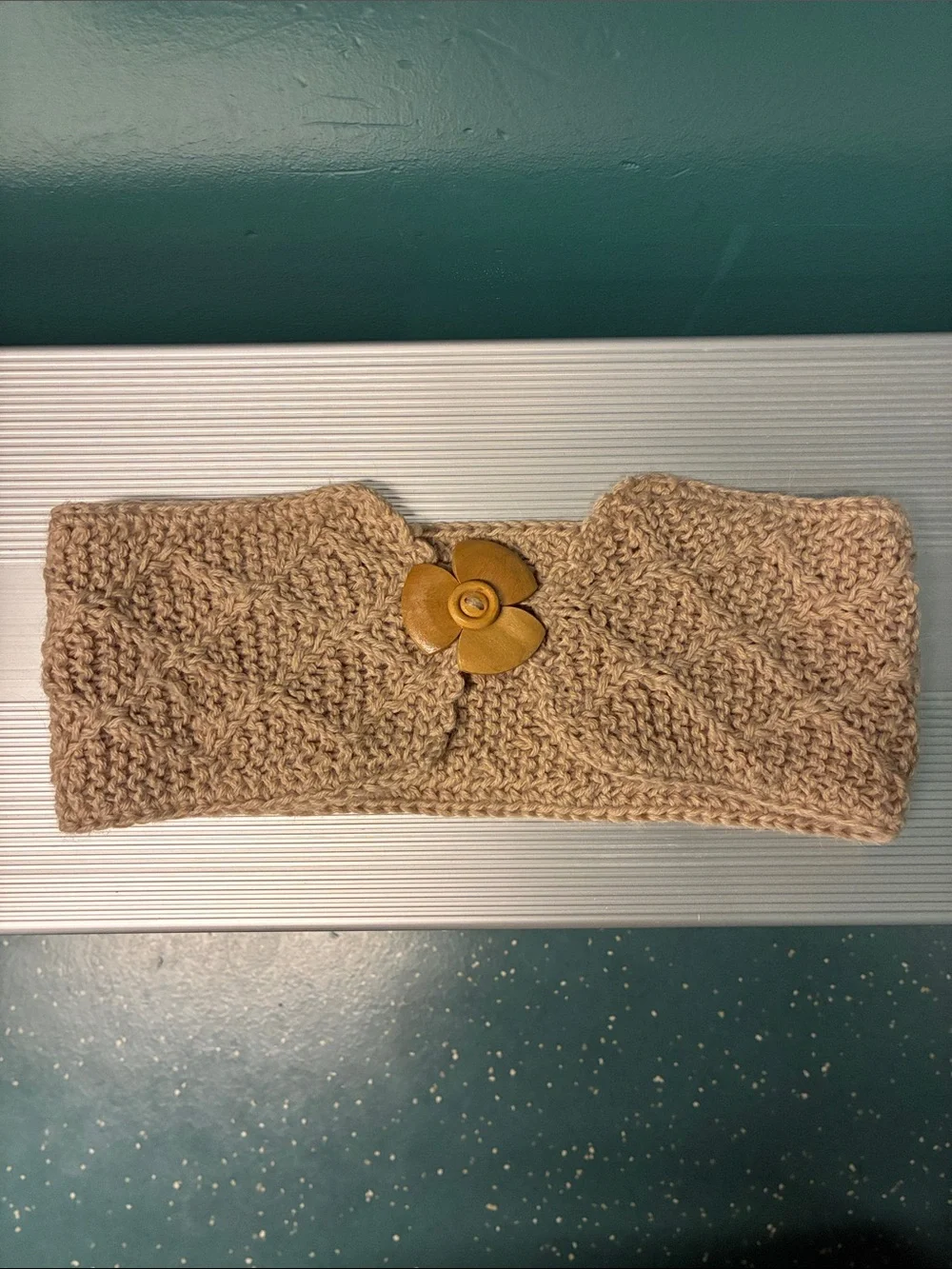 Hand Knit wool scarf with wooden button from Peru Beige Tan bonus red/teal